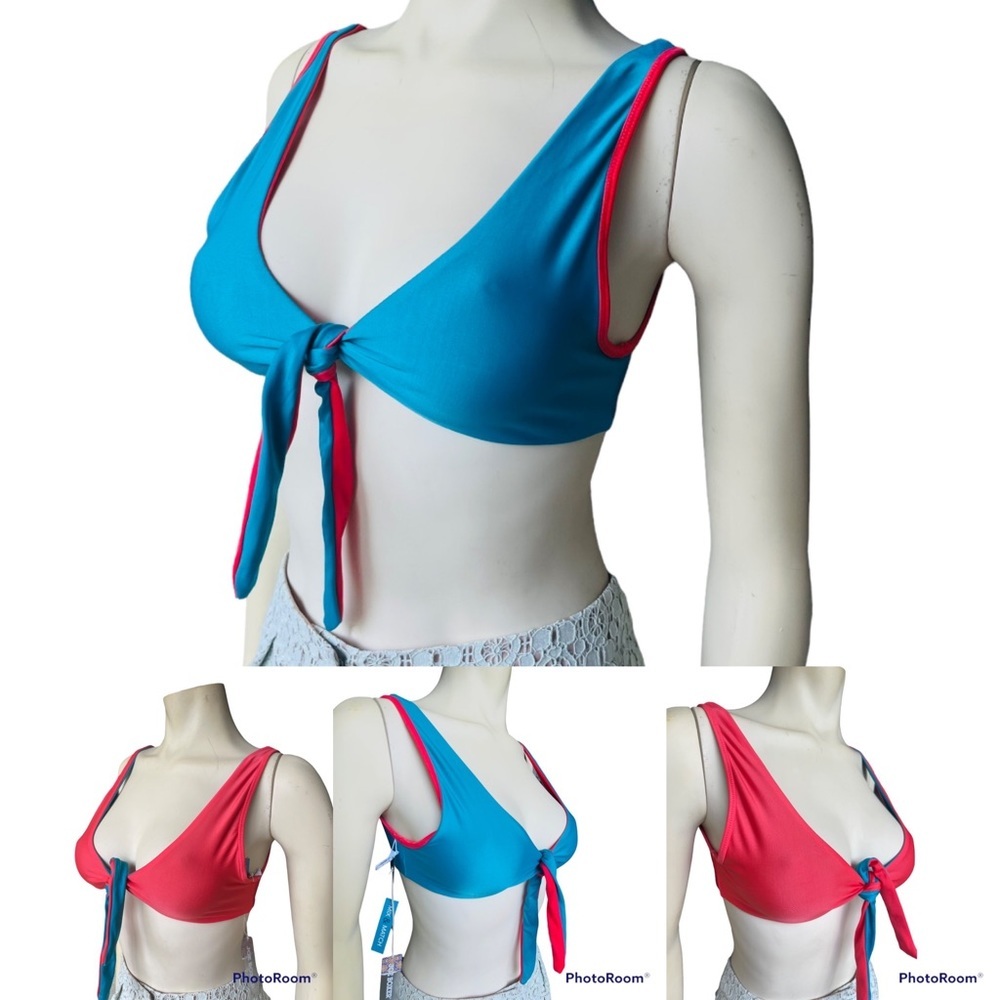 Joe Boxer Reversible Blue & Red Tie Front Bikini Swimsuit Top